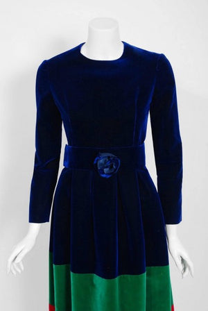 1964 Nina Ricci Couture Silk-Velvet Rainbow Stripe Block Color Belted Maxi Dress