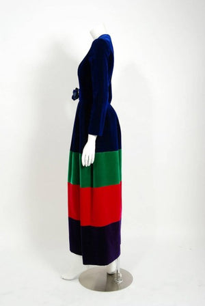 1964 Nina Ricci Couture Silk-Velvet Rainbow Stripe Block Color Belted Maxi Dress