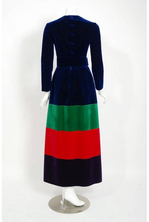 1964 Nina Ricci Couture Silk-Velvet Rainbow Stripe Block Color Belted Maxi Dress