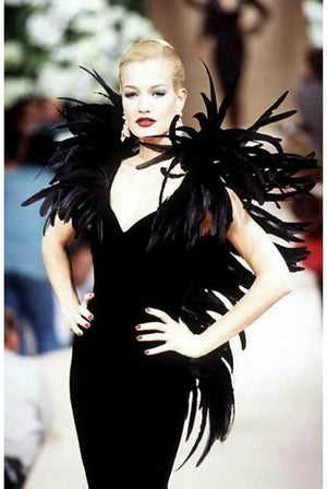 1990 Christian Dior Haute-Couture Black Velvet Feather Hourglass Fishtail Gown
