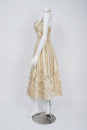 1950's Ceil Chapman Ivory Beaded Floral Applique Silk Satin Halter Party Dress