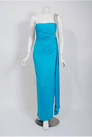 1986 Travilla Whitney Houston Design Blue Beaded One-Shoulder Jersey Gown