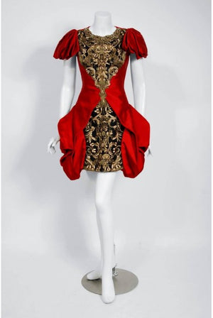 2010 Alexander McQueen Final Runway Collection Red Satin Metallic Bullion Dress