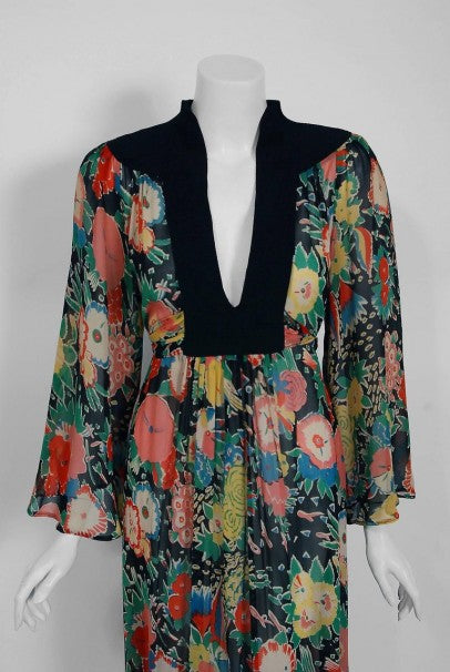 1972 Ossie Clark Colorful Floral Celia Birtwell Print Silk & Crepe Belted Dress