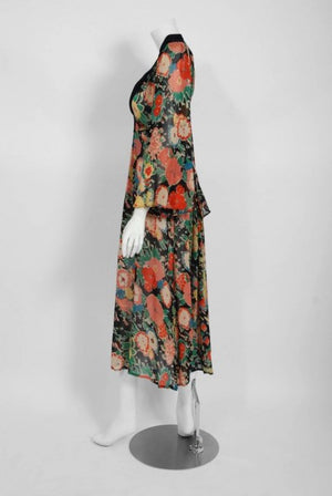 1972 Ossie Clark Colorful Floral Celia Birtwell Print Silk & Crepe Belted Dress