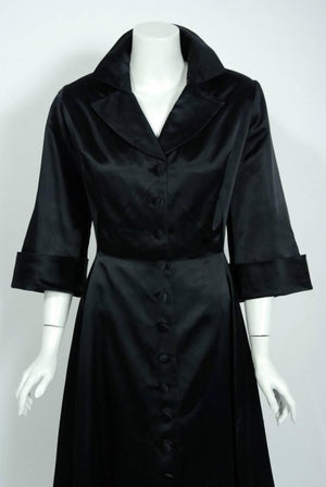 1954 Chanel Haute-Couture Black Satin Wide Cuff Full-Length Princess Dress Coat