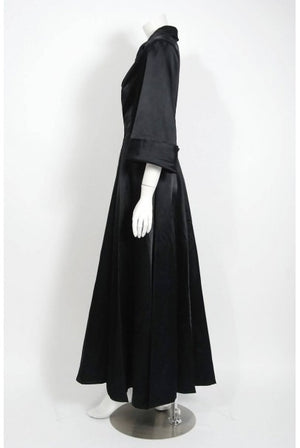 1954 Chanel Haute-Couture Black Satin Wide Cuff Full-Length Princess Dress Coat