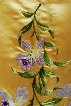 1895 Mme Arnaud French Couture Victorian Floral Embroidered Yellow Satin Gown