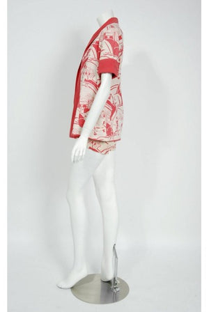 1930's Sandeze Sportswear Novelty Print Linen Backless Halter Playsuit & Jacket