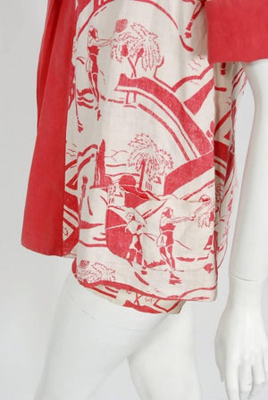 1930's Sandeze Sportswear Novelty Print Linen Backless Halter Playsuit & Jacket