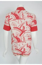 1930's Sandeze Sportswear Novelty Print Linen Backless Halter Playsuit & Jacket