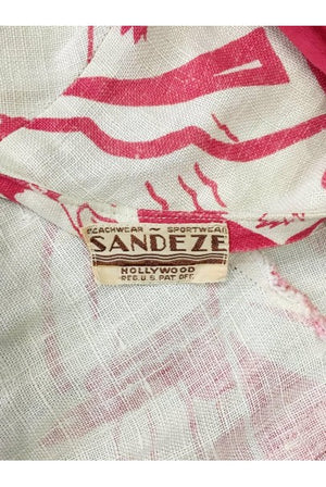 1930's Sandeze Sportswear Novelty Print Linen Backless Halter Playsuit & Jacket