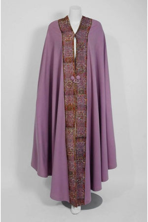 1915 Liberty Couture Lilac Wool & Colorful Lace Art-Nouveau Full Length Cape
