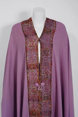 1915 Liberty Couture Lilac Wool & Colorful Lace Art-Nouveau Full Length Cape