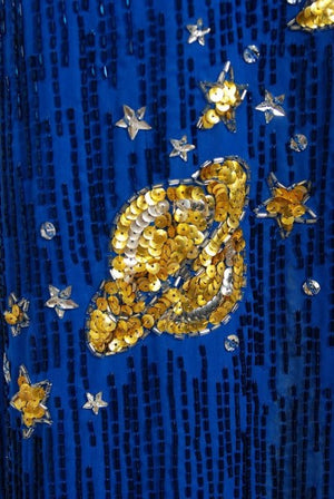 1969 Boyd Clopton Couture Celestial Sun & Moon Beaded Sequin High-Slit Gown