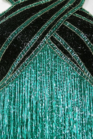 1990 Bob Mackie Teal-Green & Black Beaded Fringe Backless Cocktail Dress