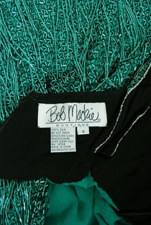 1990 Bob Mackie Teal-Green & Black Beaded Fringe Backless Cocktail Dress