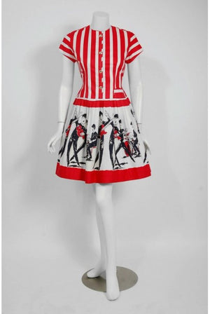 1965 Beatles Memorabilia Novelty Print Striped Cotton Belted Full Skirt Dress
