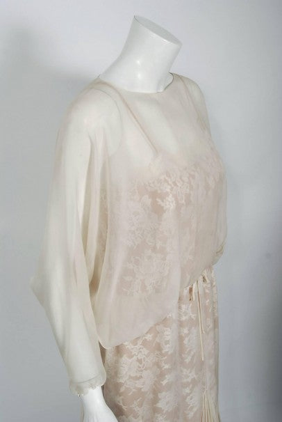 1970's Travilla Ivory Silk-Chiffon and Lace Illusion Dolman Sleeve Pleated Dress