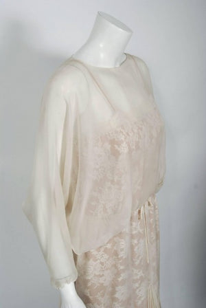 1970's Travilla Ivory Silk-Chiffon and Lace Illusion Dolman Sleeve Pleated Dress