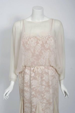 1970's Travilla Ivory Silk-Chiffon and Lace Illusion Dolman Sleeve Pleated Dress