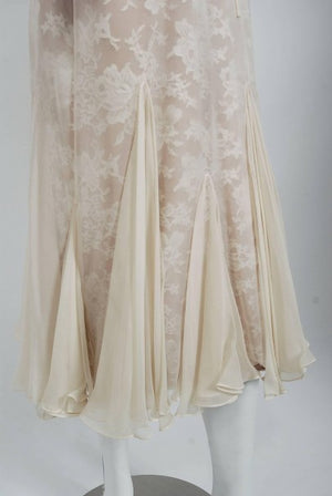 1970's Travilla Ivory Silk-Chiffon and Lace Illusion Dolman Sleeve Pleated Dress