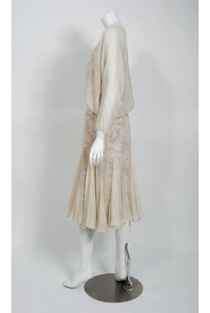 1970's Travilla Ivory Silk-Chiffon and Lace Illusion Dolman Sleeve Pleated Dress