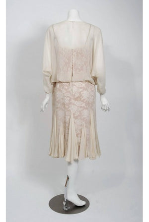 1970's Travilla Ivory Silk-Chiffon and Lace Illusion Dolman Sleeve Pleated Dress