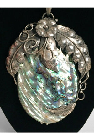 1970's Native American Abalone Sterling Silver Feather Motif Statement Necklace