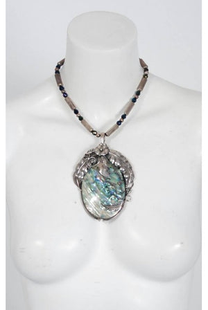 1970's Native American Abalone Sterling Silver Feather Motif Statement Necklace