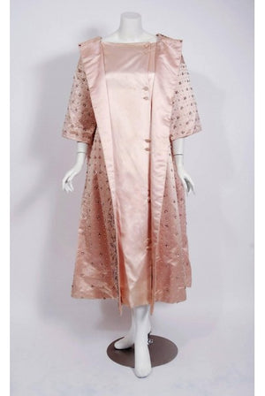 1951 Christian Dior Haute-Couture Beaded Lesage Embroidery Pink Satin Dress Coat
