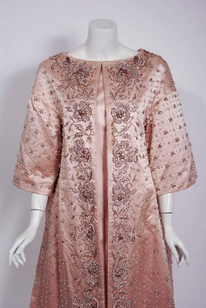 1951 Christian Dior Haute-Couture Beaded Lesage Embroidery Pink Satin Dress Coat