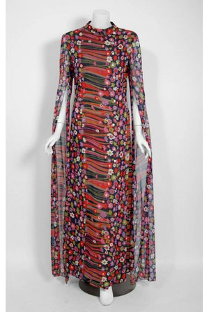 1960's Pauline Trigere Abstract Floral Cotton Kimono Angel-Sleeve Maxi Dress