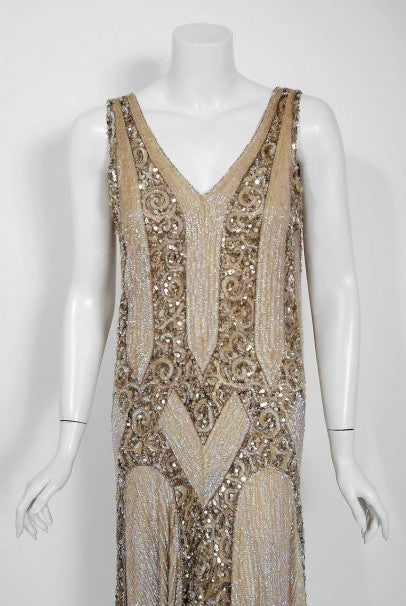 1920's French Couture Champagne Golden Beaded Sequin Art-Deco Flapper Dress