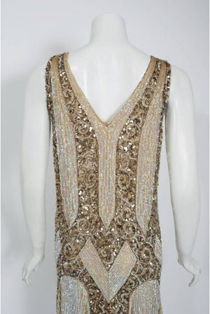 1920's French Couture Champagne Golden Beaded Sequin Art-Deco Flapper Dress
