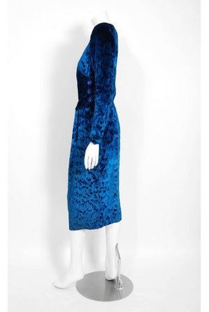 1990 Givenchy Haute Couture Sapphire Blue Draped Silk Velvet Long Sleeve Dress