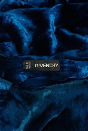1990 Givenchy Haute Couture Sapphire Blue Draped Silk Velvet Long Sleeve Dress