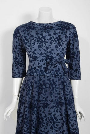 1958 Yves Saint Laurent for Christian Dior Demi Couture Blue Floral Silk Dress