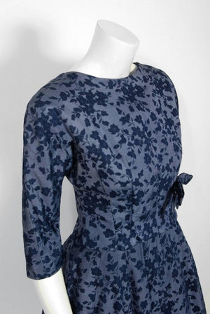 1958 Yves Saint Laurent for Christian Dior Demi Couture Blue Floral Silk Dress