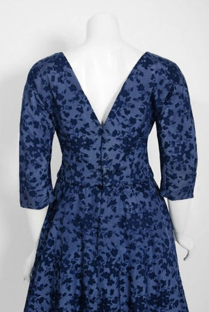 1958 Yves Saint Laurent for Christian Dior Demi Couture Blue Floral Silk Dress