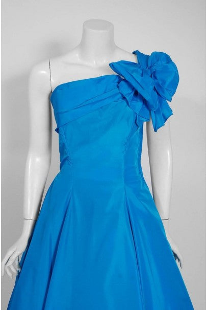 1950's Royal Blue Taffeta One-Shoulder Asymmetric Bow Circle Skirt Party Dress