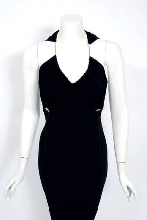 2002 John Galliano Paris Black Silk Cut Out Novelty Hooded Bias-Cut Dress With Tags