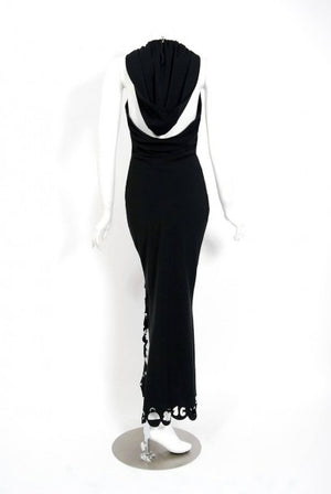 2002 John Galliano Paris Black Silk Cut Out Novelty Hooded Bias-Cut Dress With Tags