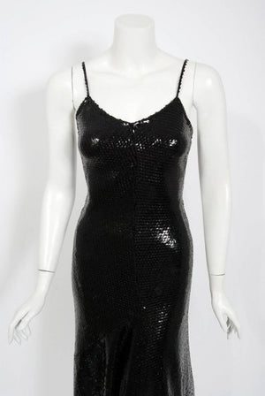 1974 Halston Black Sequin Silk Jersey Bias-Cut Plunge Hourglass Mermaid Dress
