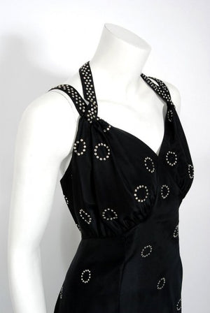 1930's Rhinestone Studded Deco Circles Black Silk Bias-Cut Waterfall Train Dress