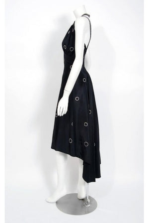 1930's Rhinestone Studded Deco Circles Black Silk Bias-Cut Waterfall Train Dress