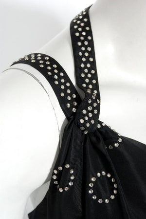 1930's Rhinestone Studded Deco Circles Black Silk Bias-Cut Waterfall Train Dress