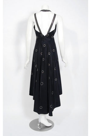 1930's Rhinestone Studded Deco Circles Black Silk Bias-Cut Waterfall Train Dress