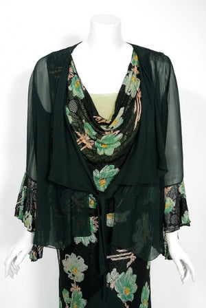 1930's Green Black Floral Print Lace Chiffon Bias-Cut Gown & Bell-Sleeve Jacket