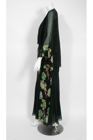 1930's Green Black Floral Print Lace Chiffon Bias-Cut Gown & Bell-Sleeve Jacket